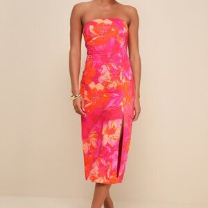 Lulus Bold Tendencies Fuchsia Floral Strapless Cutout Midi Dress Pink - Size L